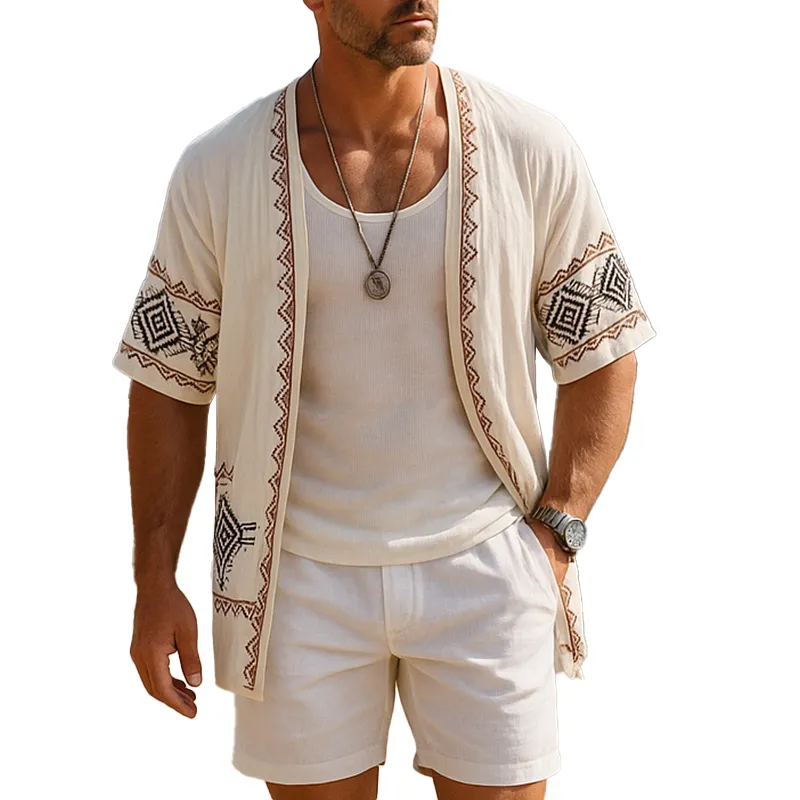 Men's Summer Fashion Exquisite Embroidered Linen Short Sleeve Open Shirt MTA1707F2P sold by Manly