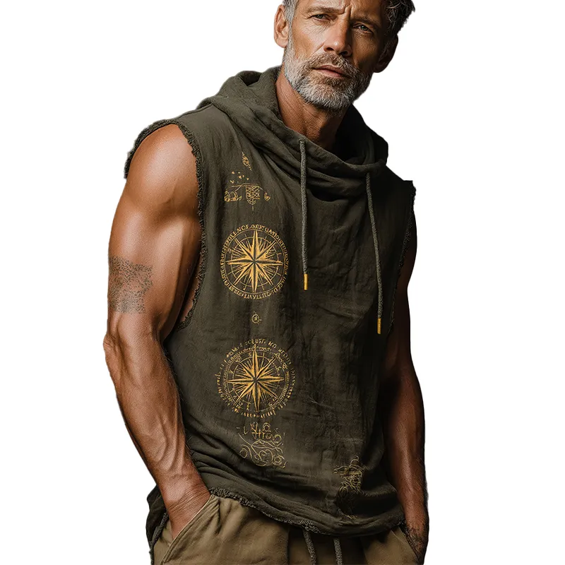 Men's Summer Retro Printed Cotton And Linen Sleeveless Hooded Tank Top MTA1731F2P sold by Manly