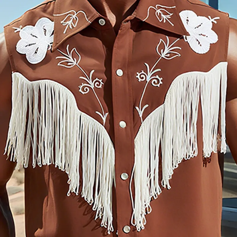 Men's Summer New Casual American Western Style Cotton Blend Embroidered Tassel Slim Sleeveless Shirt MTA1747F5K sold by Manly product image thumbnail 5