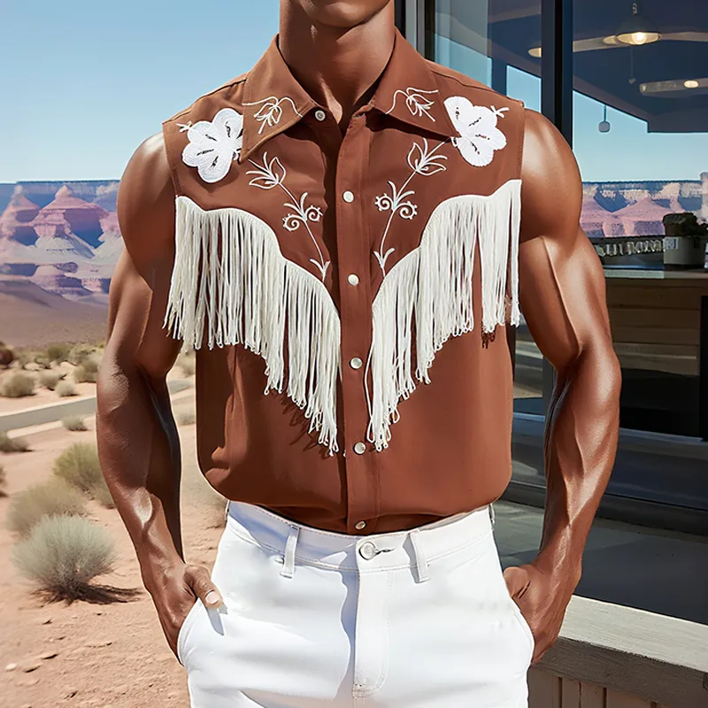 Men's Summer New Casual American Western Style Cotton Blend Embroidered Tassel Slim Sleeveless Shirt MTA1747F5K sold by Manly product image thumbnail 2