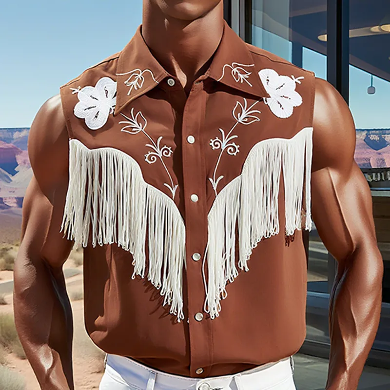 Men's Summer New Casual American Western Style Cotton Blend Embroidered Tassel Slim Sleeveless Shirt MTA1747F5K sold by Manly product image thumbnail 4