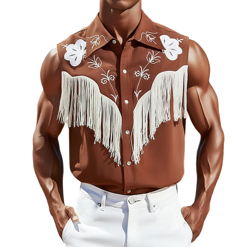 Men's Summer New Casual American Western Style Cotton Blend Embroidered Tassel Slim Sleeveless Shirt MTA1747F5K sold by Manly