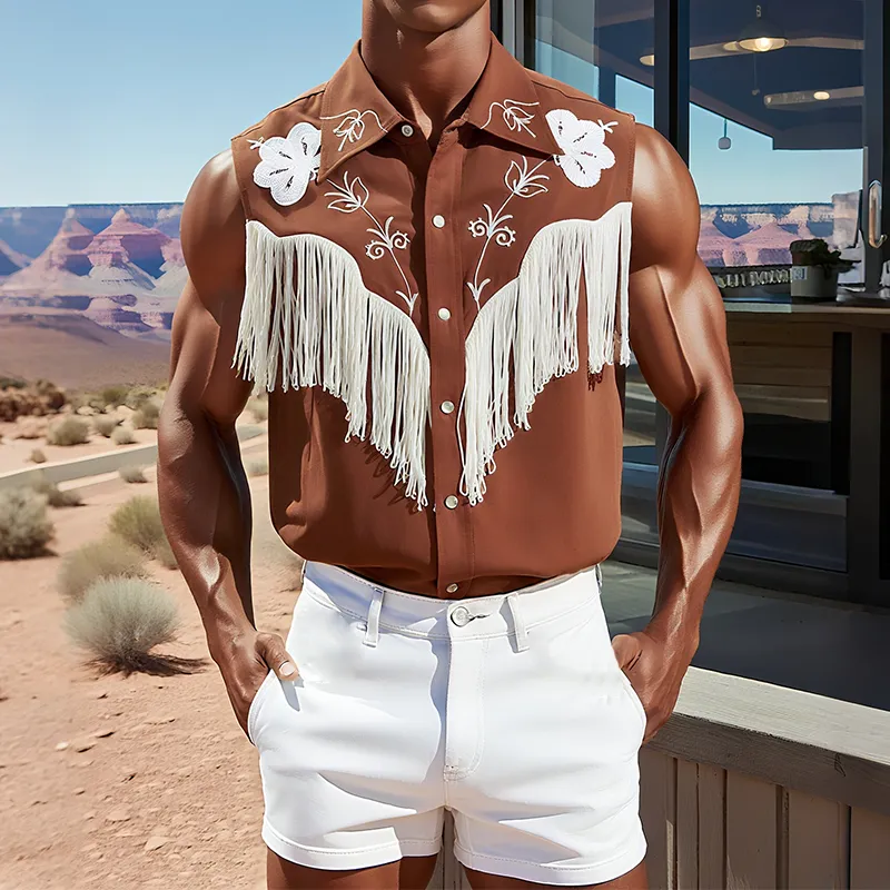 Men's Summer New Casual American Western Style Cotton Blend Embroidered Tassel Slim Sleeveless Shirt MTA1747F5K sold by Manly product image thumbnail 3