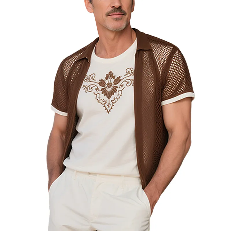 Men's Summer New Casual American Western Style Mesh Fabric Splicing Cotton Blended Fake Two-piece Embroidery Slim Short-sleeved Shirt MTA1771F8K sold by Manly