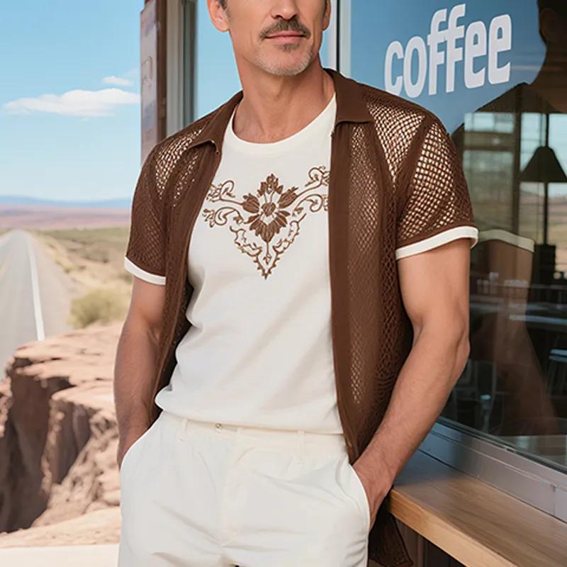 Men's Summer New Casual American Western Style Mesh Fabric Splicing Cotton Blended Fake Two-piece Embroidery Slim Short-sleeved Shirt MTA1771F8K sold by Manly product image thumbnail 2