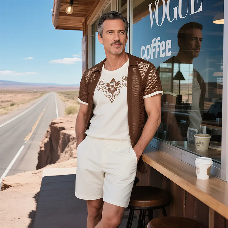 Men's Summer New Casual American Western Style Mesh Fabric Splicing Cotton Blended Fake Two-piece Embroidery Slim Short-sleeved Shirt MTA1771F8K sold by Manly product image thumbnail 3