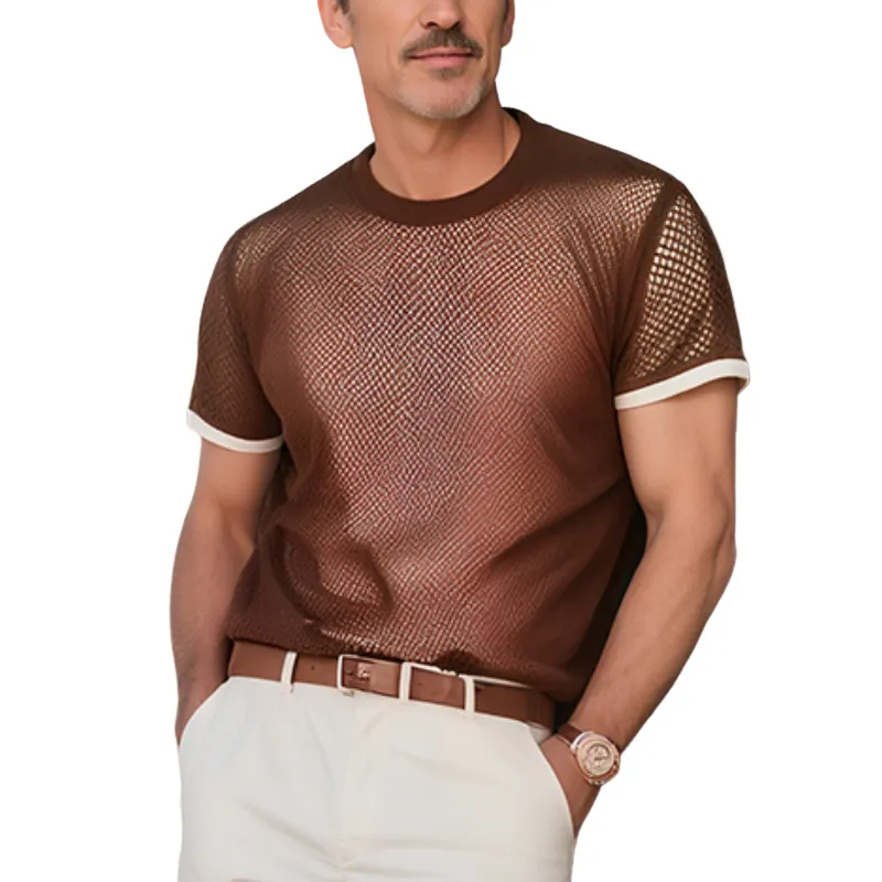 Men's Summer New Casual American Western Style Mesh Fabric Splicing Cotton Blended Fake Two-piece Slim Short-sleeved T-shirt MTA1742F2K sold by Manly