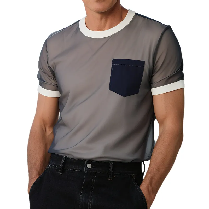 Men's Summer New Casual American Western Style Mesh Splicing Cotton Blended Fake Two-piece Short-sleeved T-shirt MTA1740F2K sold by Manly