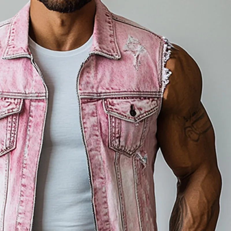 Men's Lapel Sleeveless Ripped Zipper Denim Vest MTA1360F9Y sold by Manly product image thumbnail 3