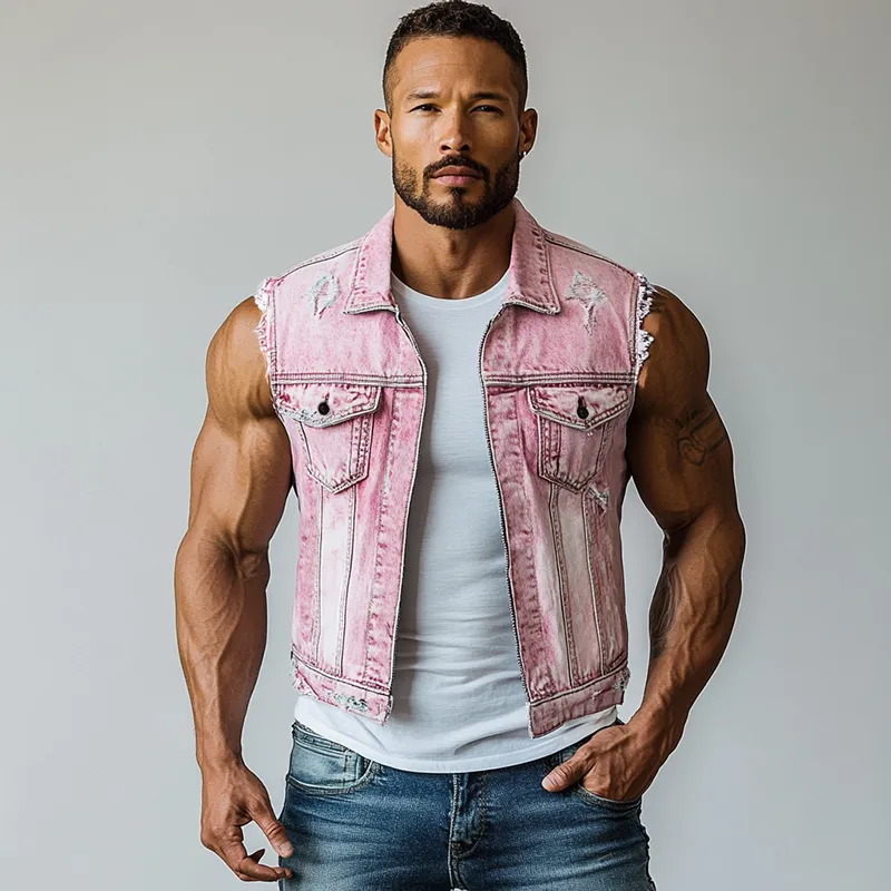 Men's Lapel Sleeveless Ripped Zipper Denim Vest MTA1360F9Y sold by Manly product image thumbnail 4