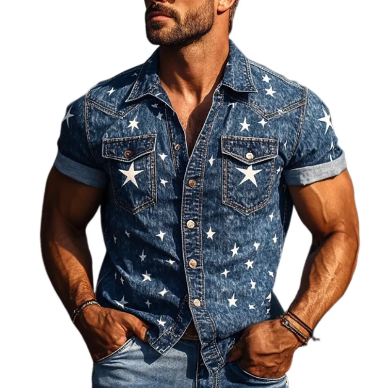 Men's Star Print Washed Denim Short Sleeve Shirt MTA0978F0Y sold by Manly