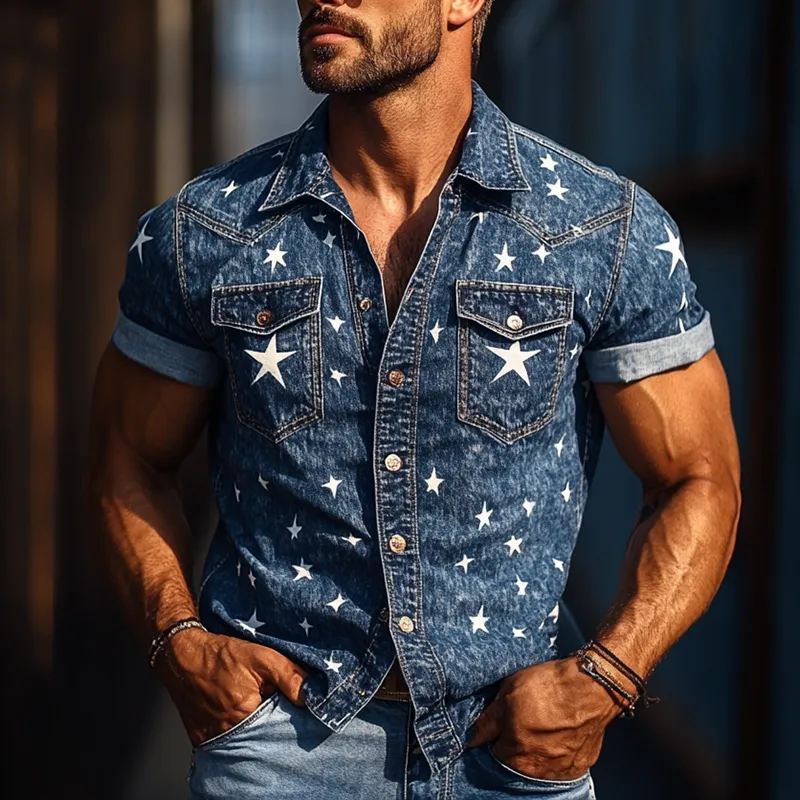 Men's Star Print Washed Denim Short Sleeve Shirt MTA0978F0Y sold by Manly product image thumbnail 2