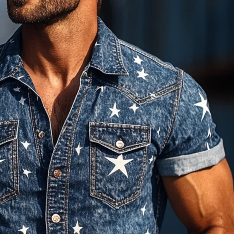 Men's Star Print Washed Denim Short Sleeve Shirt MTA0978F0Y sold by Manly product image thumbnail 3