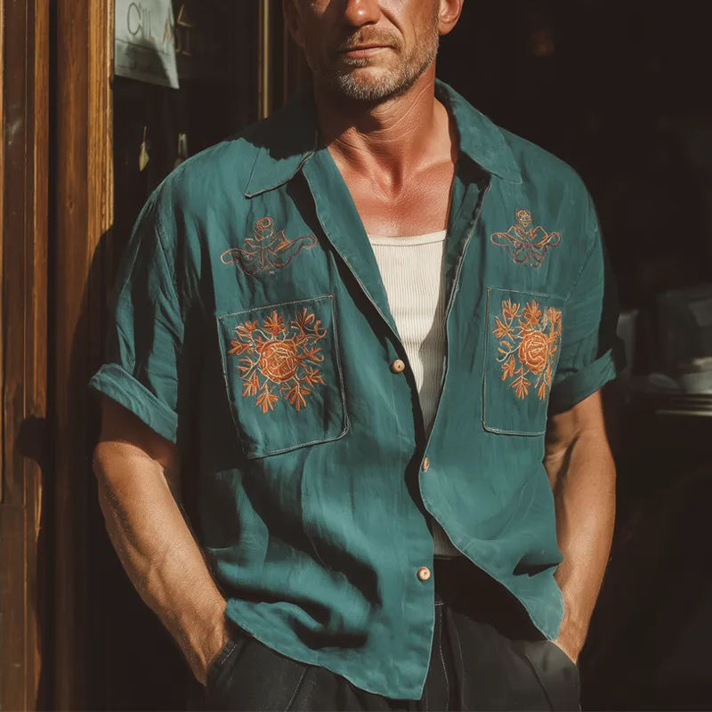 Men's Summer Retro Contrast Embroidery Short Sleeve Shirt MTA1707F3U sold by Manly product image thumbnail 2