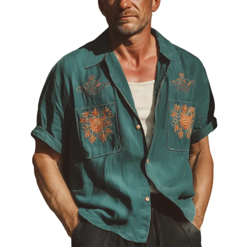 Men's Summer Retro Contrast Embroidery Short Sleeve Shirt MTA1707F3U sold by Manly