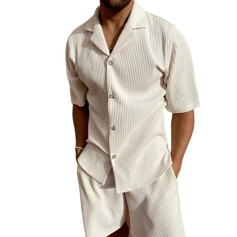 Men's Summer Classic Solid Color Corduroy Short-Sleeved Shirt And Shorts Set MTA1634F3U sold by Manly