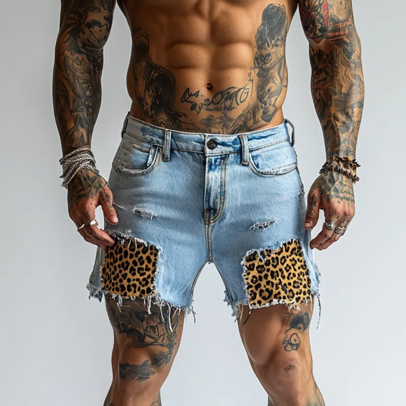 Men's Ripped Leopard Print Denim Shorts MTA1694F6X sold by Manly product image thumbnail 2
