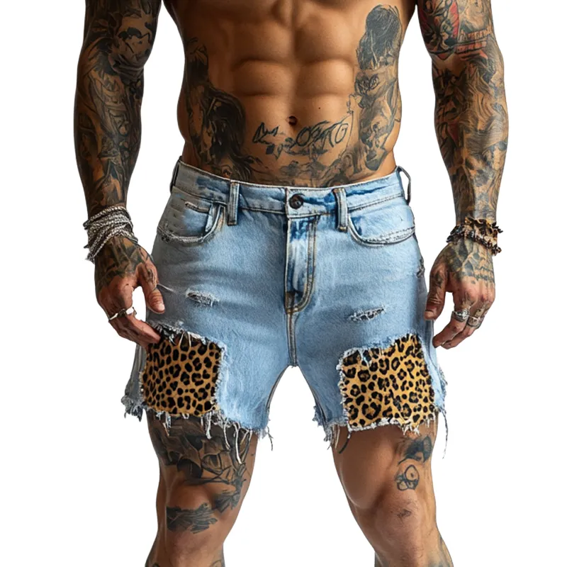 Men's Ripped Leopard Print Denim Shorts MTA1694F6X sold by Manly
