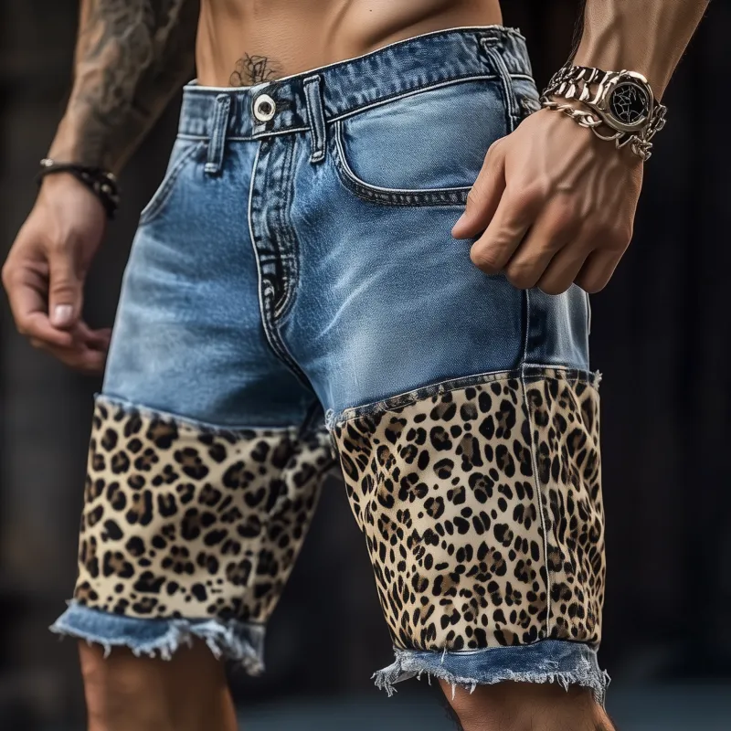 Men's Casual Outdoor Washed Raw Edge Distressed Leopard Patchwork Slim Fit Denim Shorts MTA1642F7M sold by Manly product image thumbnail 2
