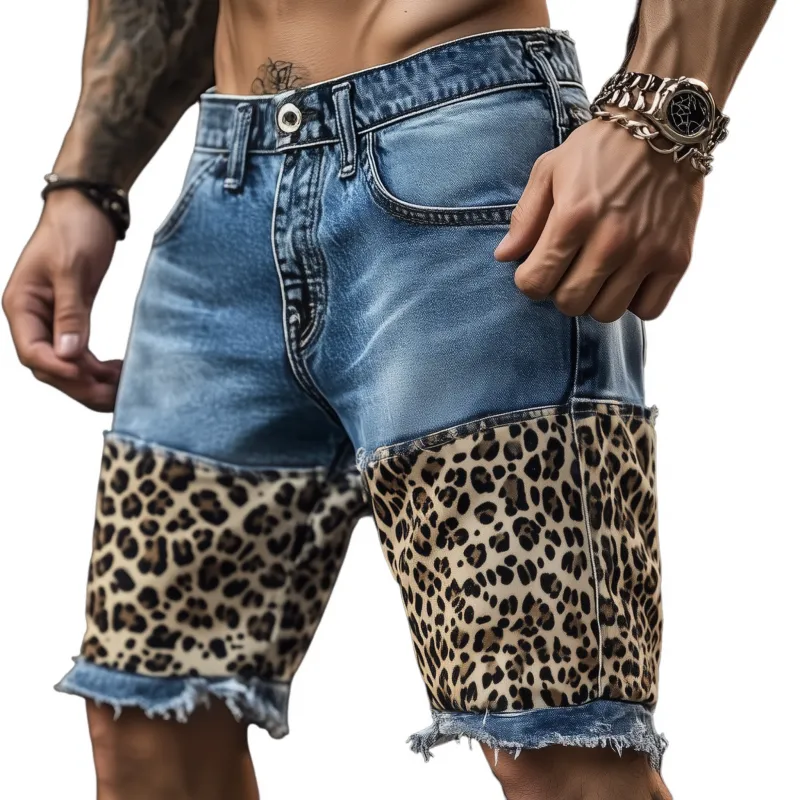 Men's Casual Outdoor Washed Raw Edge Distressed Leopard Patchwork Slim Fit Denim Shorts MTA1642F7M sold by Manly