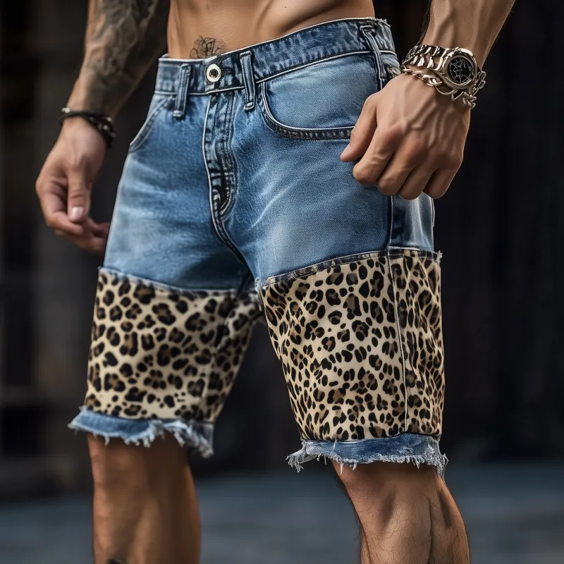 Men's Casual Outdoor Washed Raw Edge Distressed Leopard Patchwork Slim Fit Denim Shorts MTA1642F7M sold by Manly product image thumbnail 3