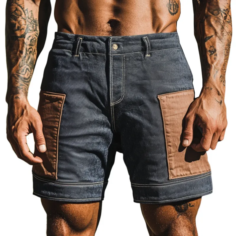 Men's Casual Outdoor Washed Distressed Contrast Color Patchwork Slim Fit Denim Shorts MTA1612F6M sold by Manly