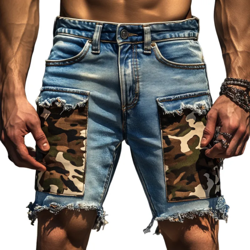 Men's Casual Outdoor Washed Raw Edge Distressed Camouflage Patchwork Slim Fit Denim Shorts MTA1608F6M sold by Manly