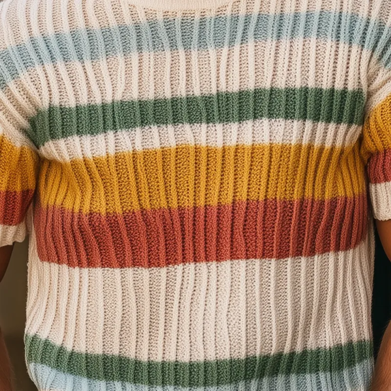 Men's Spring And Summer Fashion Casual Round Neck Colorful Horizontal Stripes Knitted Texture Short-sleeved T-shirt MTA2049F3K sold by Manly product image thumbnail 5