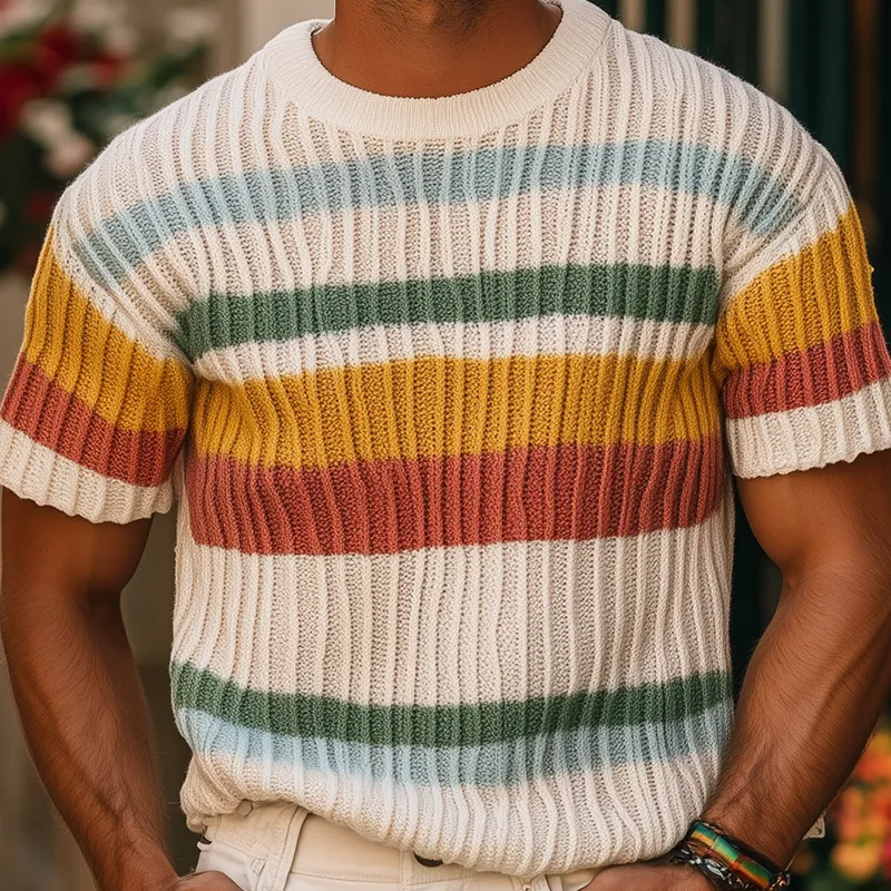 Men's Spring And Summer Fashion Casual Round Neck Colorful Horizontal Stripes Knitted Texture Short-sleeved T-shirt MTA2049F3K sold by Manly product image thumbnail 4