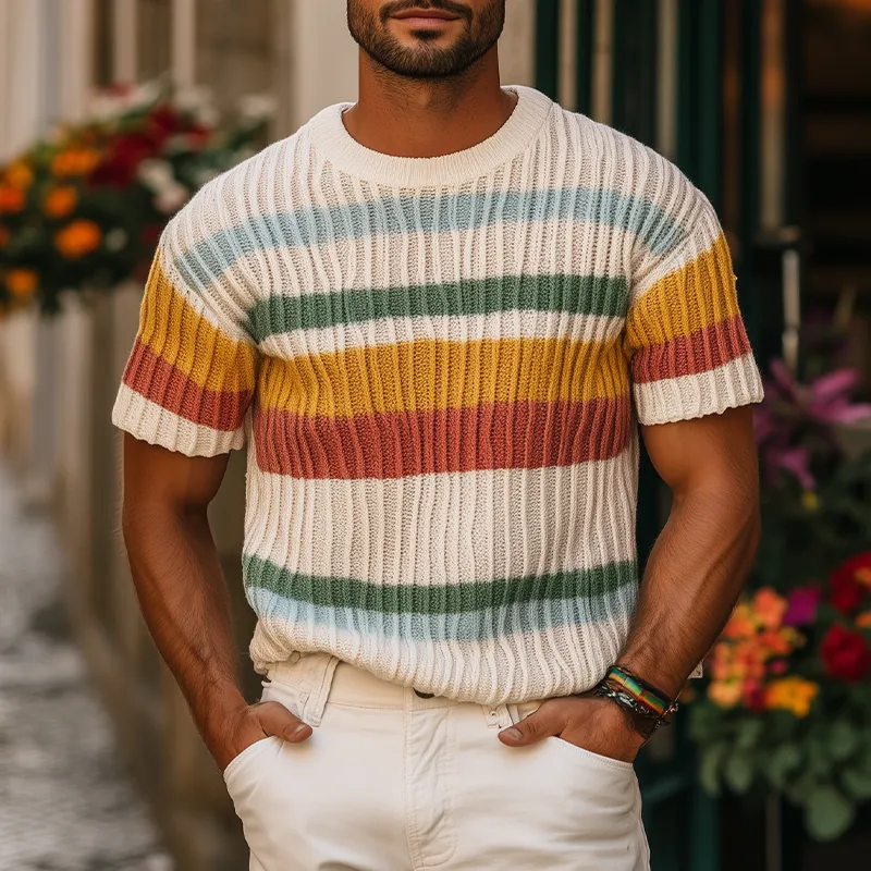 Men's Spring And Summer Fashion Casual Round Neck Colorful Horizontal Stripes Knitted Texture Short-sleeved T-shirt MTA2049F3K sold by Manly product image thumbnail 2