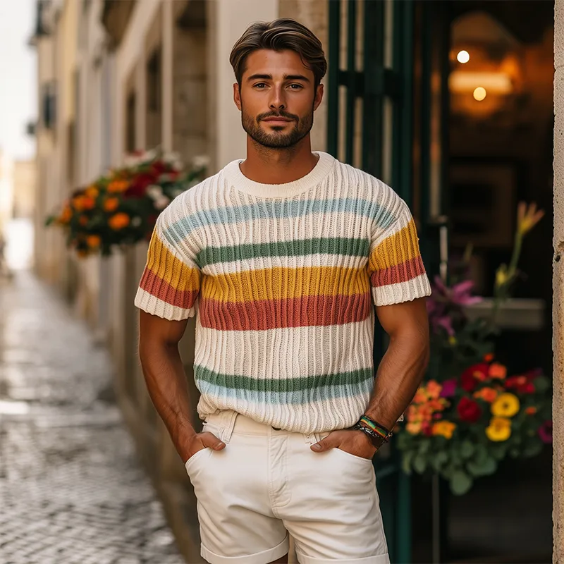 Men's Spring And Summer Fashion Casual Round Neck Colorful Horizontal Stripes Knitted Texture Short-sleeved T-shirt MTA2049F3K sold by Manly product image thumbnail 3
