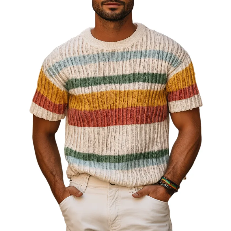 Men's Spring And Summer Fashion Casual Round Neck Colorful Horizontal Stripes Knitted Texture Short-sleeved T-shirt MTA2049F3K sold by Manly