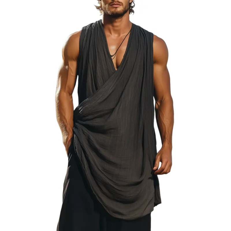 Men's Fashion Breathable Cotton Linen Pleated Cross Loose Long Tank Top MTA2098F0M sold by Manly