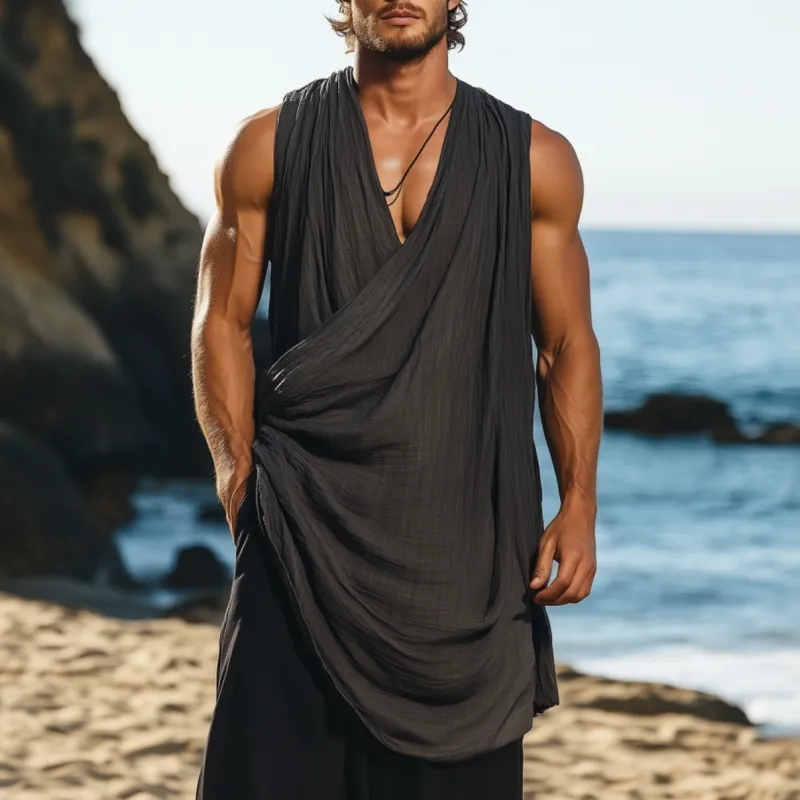 Men's Fashion Breathable Cotton Linen Pleated Cross Loose Long Tank Top MTA2098F0M sold by Manly product image thumbnail 2