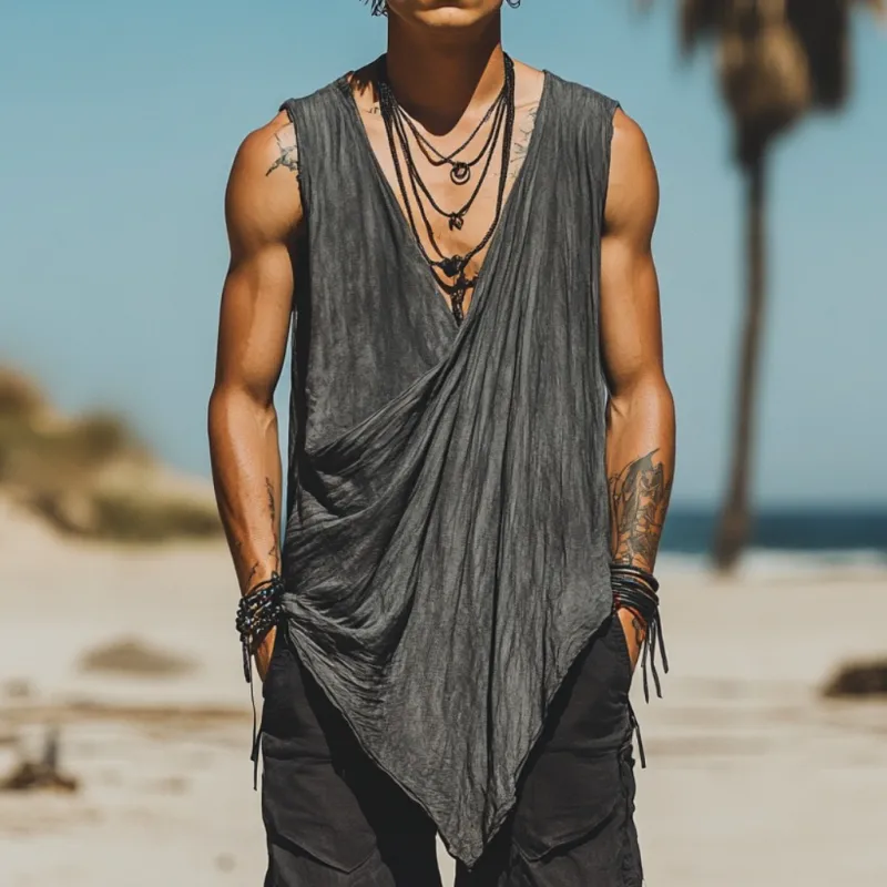 Men's Fashion Breathable Cotton Linen Pleated Irregular Hem Loose Tank Top MTA2010F4M sold by Manly product image thumbnail 2