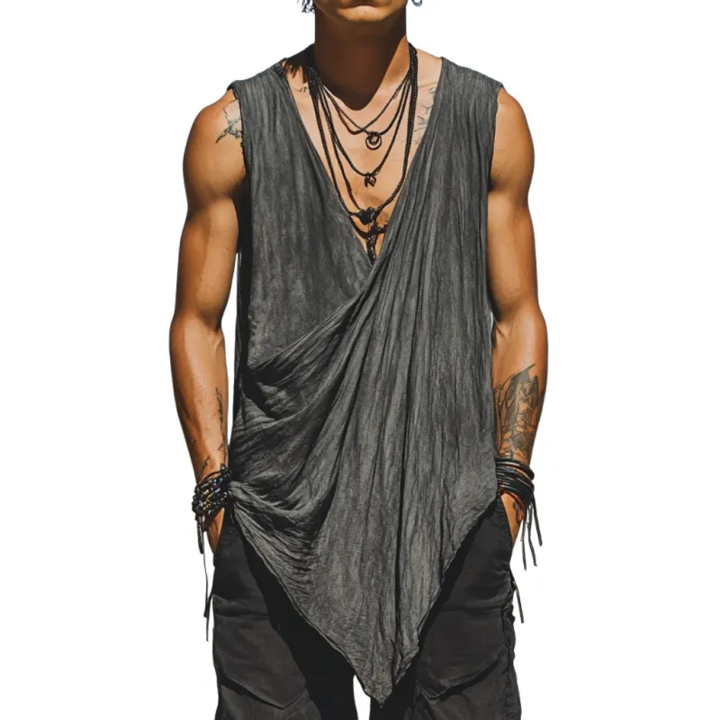 Men's Fashion Breathable Cotton Linen Pleated Irregular Hem Loose Tank Top MTA2010F4M sold by Manly
