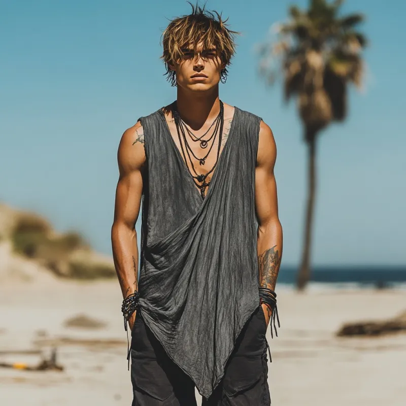 Men's Fashion Breathable Cotton Linen Pleated Irregular Hem Loose Tank Top MTA2010F4M sold by Manly product image thumbnail 3