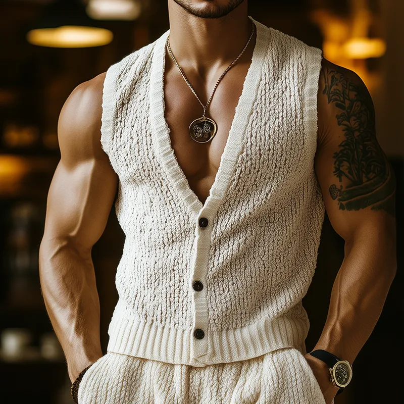 Men's Spring And Summer Fashion Casual Slim Fit Knitted Vest Elastic Waist Knitted Shorts Set MTA2085F7K sold by Manly product image thumbnail 4