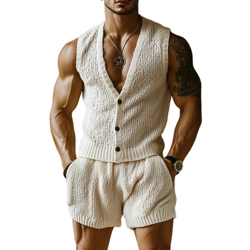 Men's Spring And Summer Fashion Casual Slim Fit Knitted Vest Elastic Waist Knitted Shorts Set MTA2085F7K sold by Manly