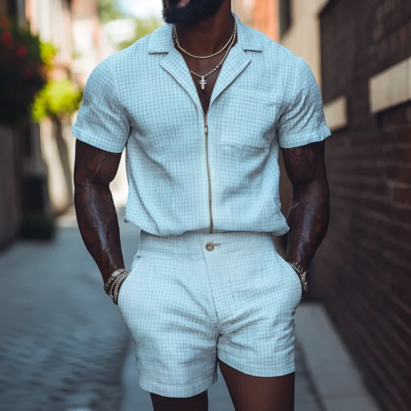 Men's Casual Breathable Cotton Linen Plaid Cuban Collar Zipper Loose Short Sleeve Shirt Suit Shorts Set MTA2026F7M sold by Manly product image thumbnail 2