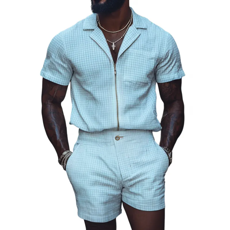 Men's Casual Breathable Cotton Linen Plaid Cuban Collar Zipper Loose Short Sleeve Shirt Suit Shorts Set MTA2026F7M sold by Manly