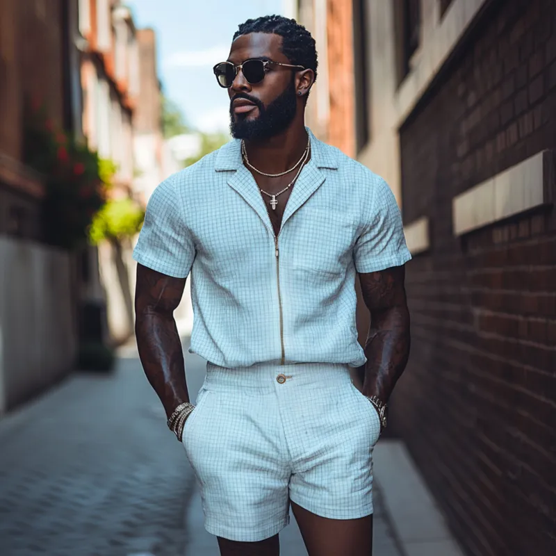 Men's Casual Breathable Cotton Linen Plaid Cuban Collar Zipper Loose Short Sleeve Shirt Suit Shorts Set MTA2026F7M sold by Manly product image thumbnail 3