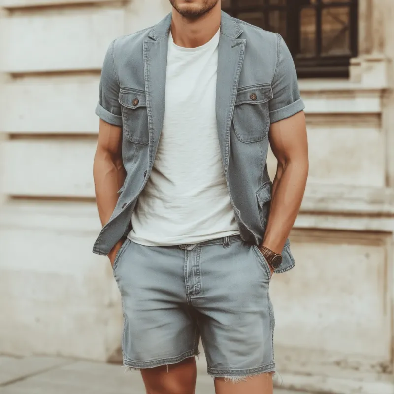 Men's Casual Outdoor Denim Washed Distressed Notched Lapel Multi-pocket Short-sleeved Jacket Raw Edge Shorts Set MTA1842F1M sold by Manly product image thumbnail 2