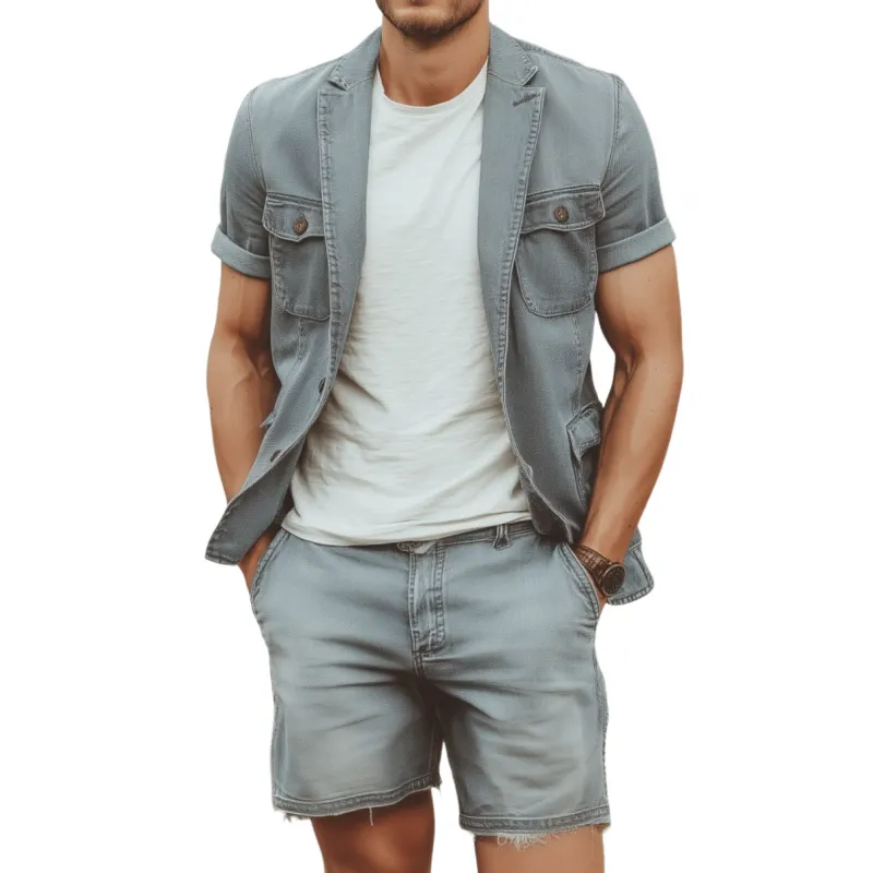 Men's Casual Outdoor Denim Washed Distressed Notched Lapel Multi-pocket Short-sleeved Jacket Raw Edge Shorts Set MTA1842F1M sold by Manly