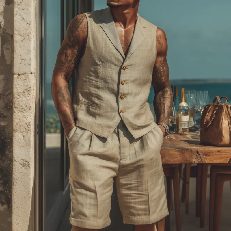 Men's Casual Breathable Solid Color Cotton Linen Notched Lapel Single-breasted Slim-fit Suit Vest Shorts Set MTA1802F7M sold by Manly product image thumbnail 2