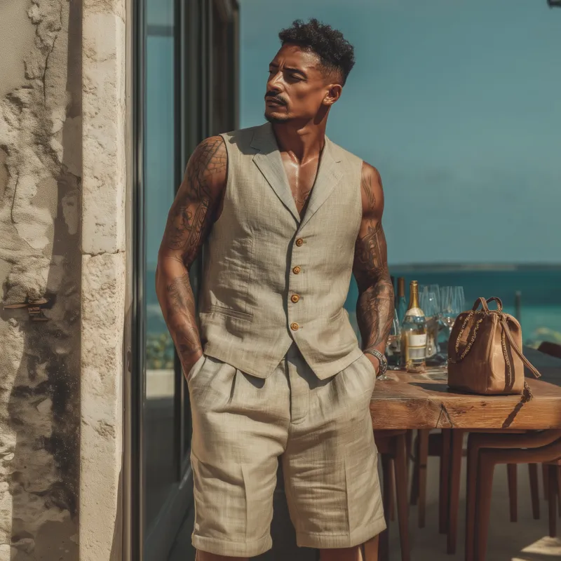 Men's Casual Breathable Solid Color Cotton Linen Notched Lapel Single-breasted Slim-fit Suit Vest Shorts Set MTA1802F7M sold by Manly product image thumbnail 3