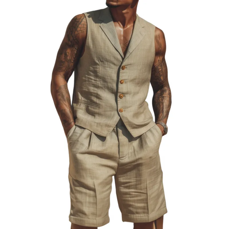 Men's Casual Breathable Solid Color Cotton Linen Notched Lapel Single-breasted Slim-fit Suit Vest Shorts Set MTA1802F7M sold by Manly
