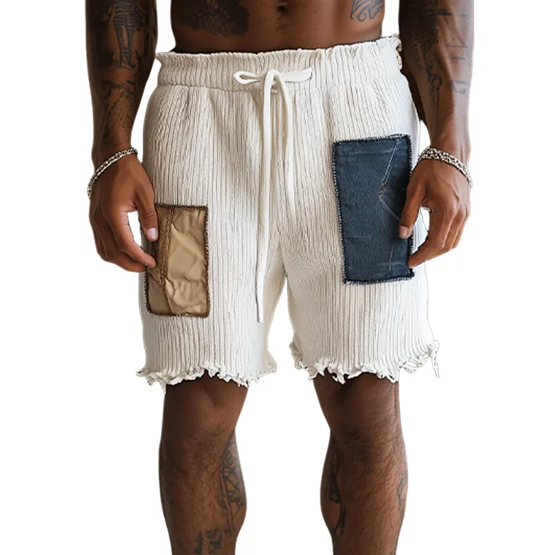 Men's Spring And Summer Fashion Casual Denim Patchwork Trousers Raw Edge Knitted Shorts MTA2007F7K sold by Manly