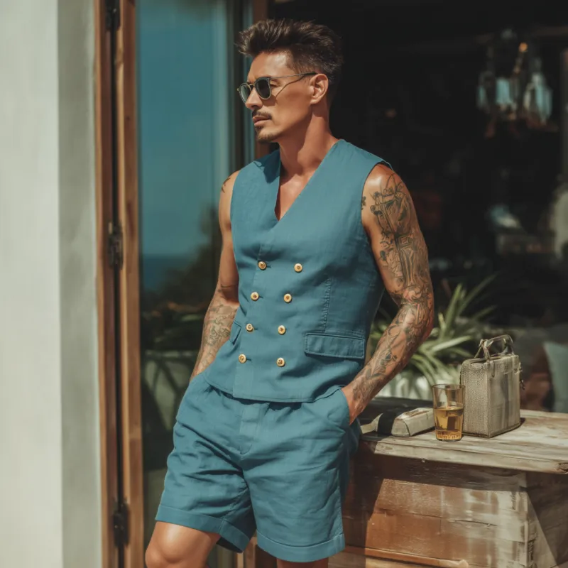 Men's Casual Solid Color Cotton Linen V-neck Double-breasted Slim Suit Vest Shorts Set MTA1852F9M sold by Manly product image thumbnail 3