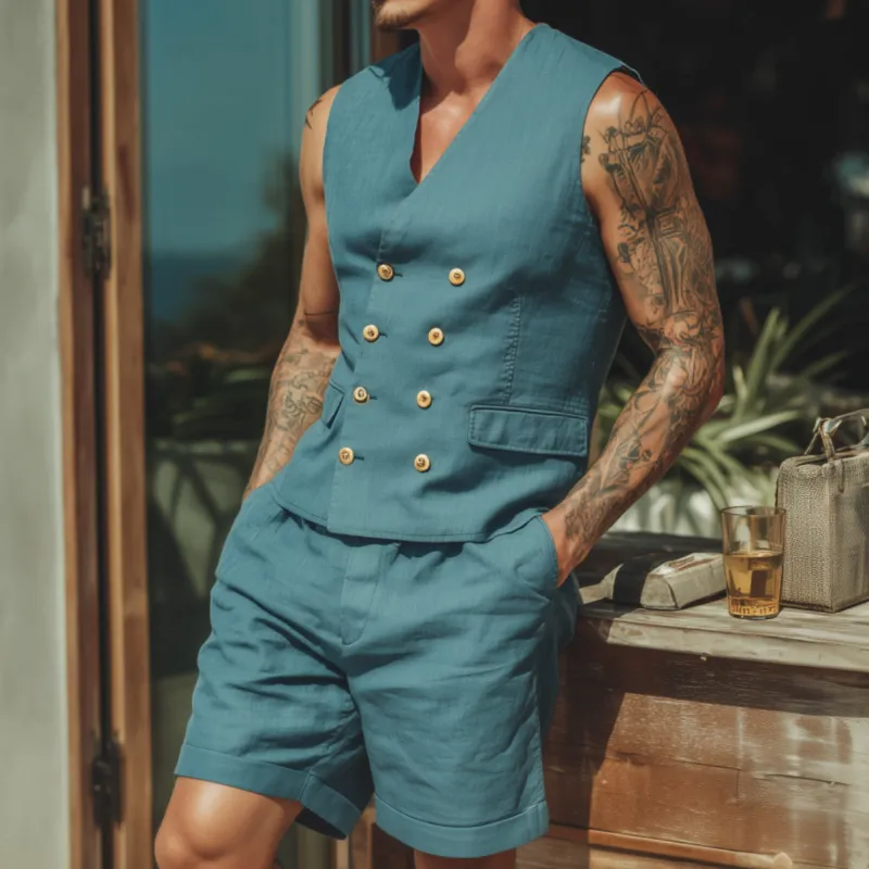 Men's Casual Solid Color Cotton Linen V-neck Double-breasted Slim Suit Vest Shorts Set MTA1852F9M sold by Manly product image thumbnail 2